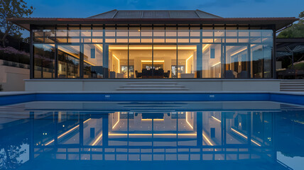 Fototapeta premium Modern glass house at dusk, beautifully reflecting in a serene blue pool. Ideal for luxury home and architectural design showcases.