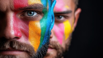 Obraz premium Intriguing close-up focusing on two men with faces intricately painted in bold colors, signifying diversity and artistic fusion of human expressions.