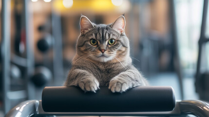 Fototapeta premium Kot bierze udział w treningu w centrum fitness, co symbolizuje humorystyczne podejście do aktywności fizycznej u zwierząt domowych. 