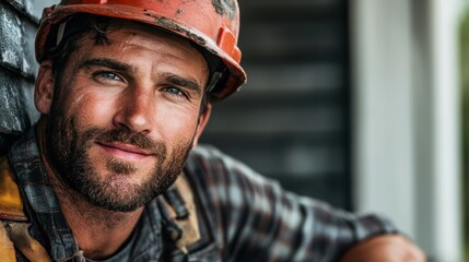 Fototapeta premium Portrait of a rugged construction worker wearing a hard hat and plaid shirt, smiling with natural confidence, encapsulating hard work and resilience in industry life.