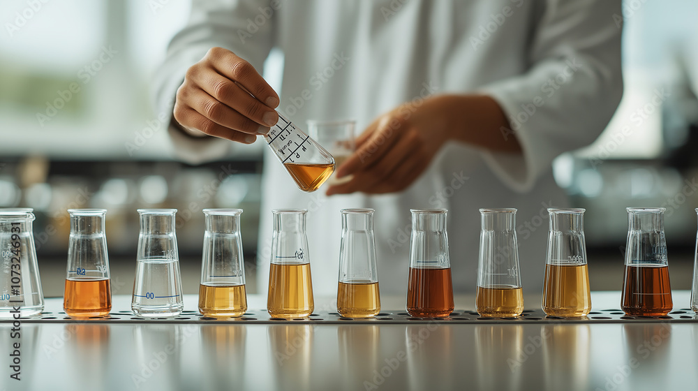 Poster Scientist conducting experiments with various liquids in beakers, showcasing range of colors and compositions. laboratory setting emphasizes precision and research