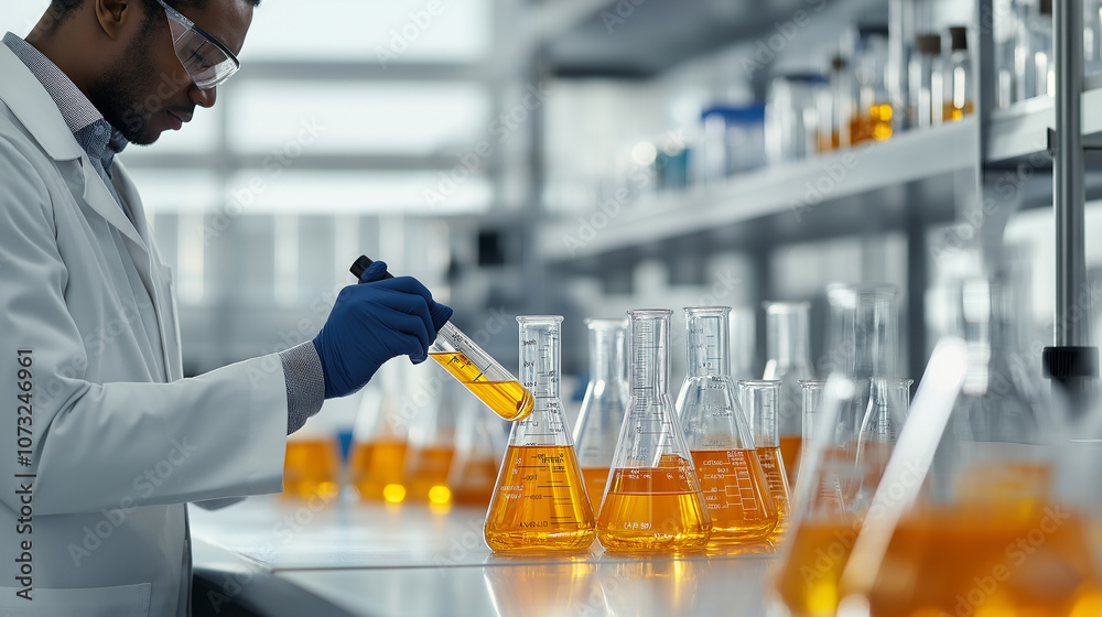Poster scientist in laboratory carefully measures liquid in flask, showcasing vibrant orange solution. envi