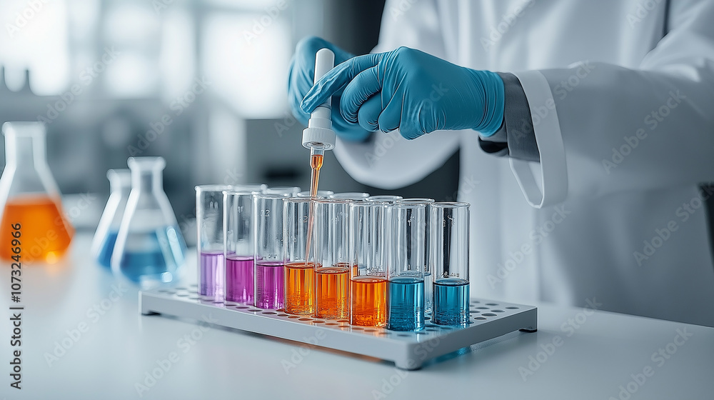 Leinwandbilder scientist in lab coat uses pipette to add liquid to test tubes filled with colorful solutions, showc