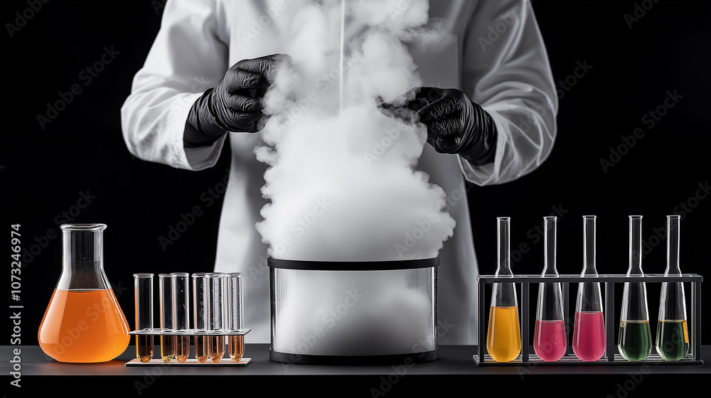 Poster scientist in lab coat and gloves conducts experiment with liquid nitrogen, creating dramatic cloud o