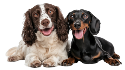 A happy white and brown Spaniel and a black and tan Dachshund lying side-by-side, both looking directly at the camera with joyful expressions - AI Generated Digital Art.
