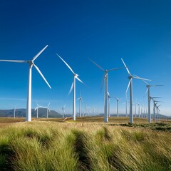Fototapeta premium A field filled with wind turbines generating clean energy against a clear blue sky