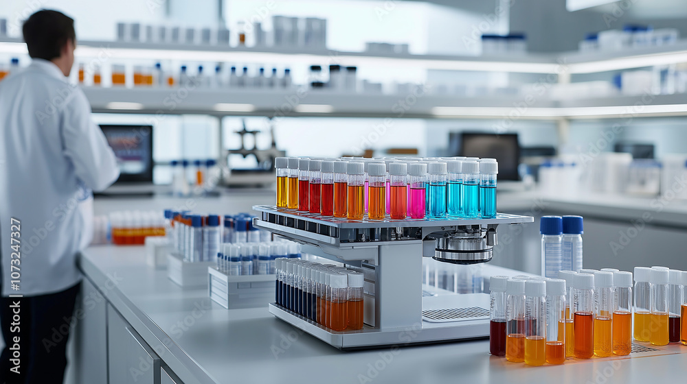 Aufkleber laboratory scene with colorful test tubes and centrifuge, showcasing vibrant liquids in modern resea