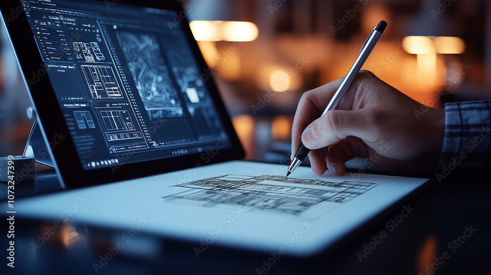 Poster person sketching architectural designs on tablet while using stylus, showcasing creativity and focus