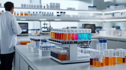 Laboratory scene with colorful test tubes and centrifuge, showcasing vibrant liquids in modern research environment. atmosphere is dynamic and scientific