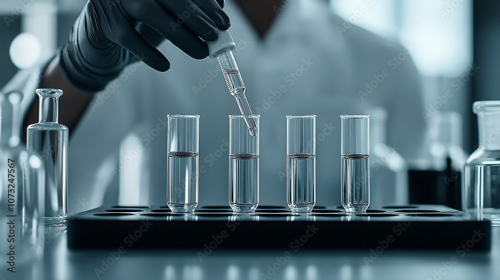 Poster chemist using pipette to transfer liquid into test tubes in lab setting, showcasing precision and sc