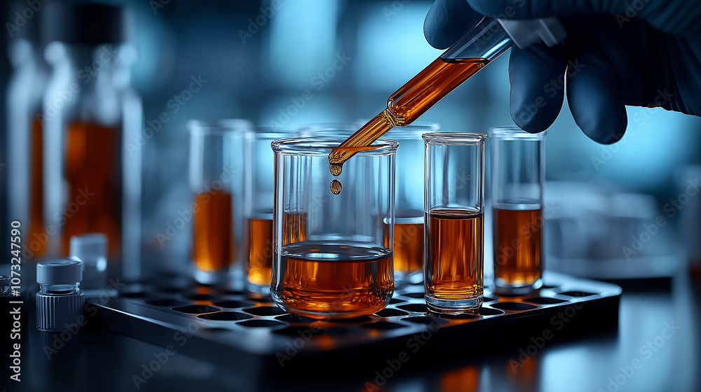 Poster close up of pipettes and test tubes with orange liquid in laboratory setting, showcasing precise mea