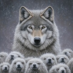 A lone, intense-eyed wolf stands towering above a crowd of sheep, symbolizing hidden danger and deception amidst innocence - AI Generated Digital Art.
