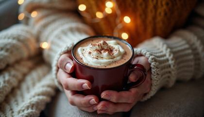 Cozy close-up of hands holding a mug of hot chocolate topped with whipped cream, perfect for winter warmth or holiday relaxation.