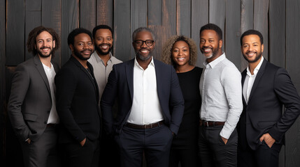Diverse group of friends smiling together in stylish indoor setting, showcasing camaraderie and joy. Their fashionable attire adds to vibrant atmosphere of gathering