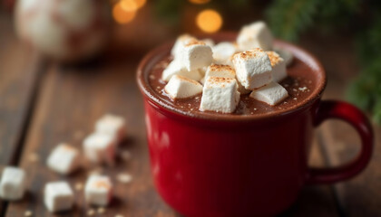 Festive red mug filled with hot chocolate topped with marshmallows, set on a rustic table with holiday decor, capturing cozy winter vibes.