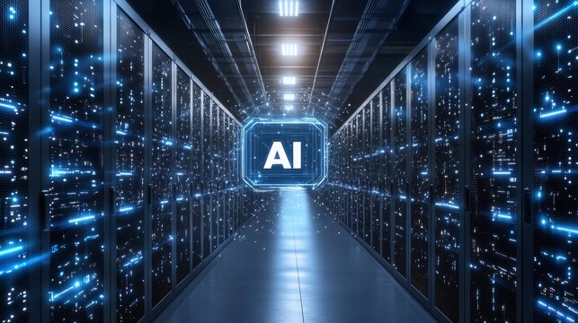 AI Server Room, Futuristic Data Center Glowing Servers and AI Symbol in a High-Tech Environment - Powered by Adobe