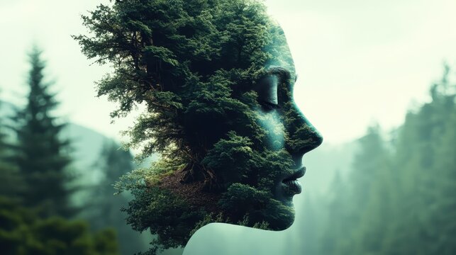 A striking blend of a woman's contemplative profile with dense, rich forest imagery, capturing the elegance and the symbiosis with nature.