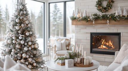 beautifully decorated Christmas tree with silver and white ornaments, cozy living room with fireplace, and festive decor creating warm holiday atmosphere
