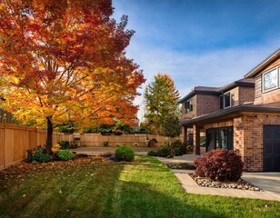 Obraz premium brick and wood suburban home backyard garden with colorful autumn trees