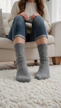 Cozy autumn afternoon at home with warm, slouchy grey socks and a knitted sweater on a soft rug