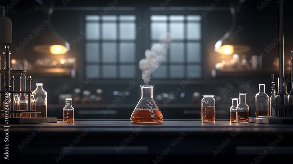 Poster photorealistic scene of chemistry lab experiment featuring various glassware, including flasks and b