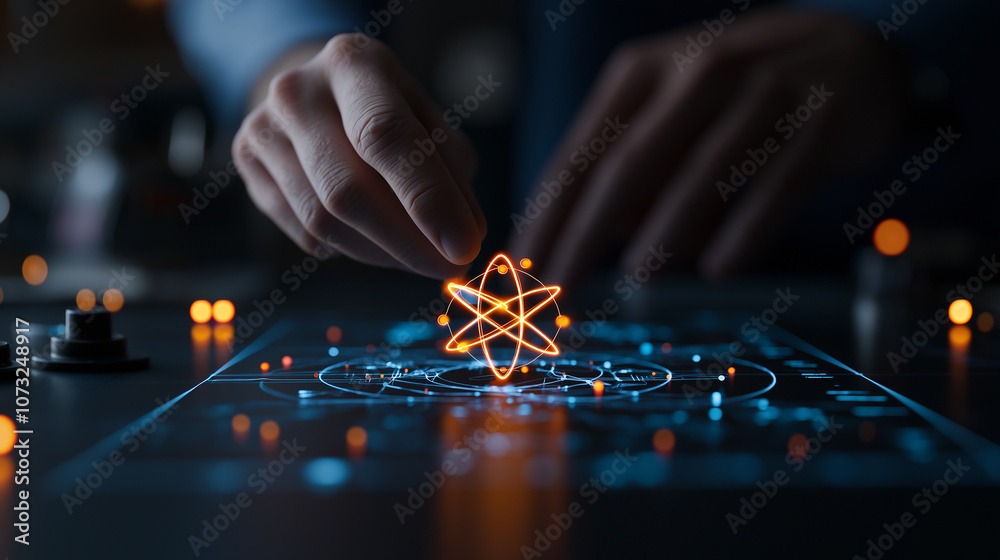 Poster hand manipulating glowing atomic model on digital interface, showcasing advanced technology and scientific exploration. vibrant colors and intricate details evoke sense of innovation and discovery