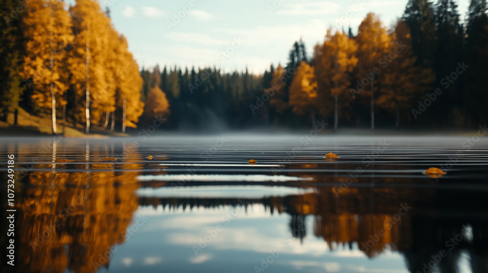 Poster serene lake reflecting autumn trees and fog in early morning light. calm water creates peaceful atmo
