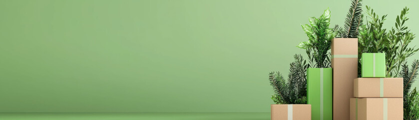 Green background with stacked boxes and potted plants, creating a fresh and natural ambiance.