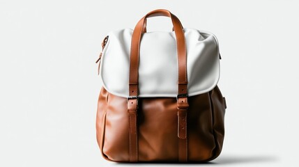 A brown and white leather backpack stands out against a neutral background, displaying sleek craftsmanship and versatile style ideal for travel or everyday use.