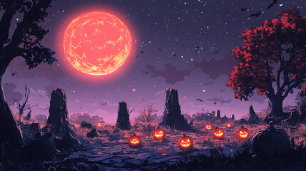 Naklejka premium 3D Isometric haunted background with illustrations of pumpkins, a cemetery and bats in the middle of a full moon. Premium illustration for banners, posters, greetings and Halloween celebrations.