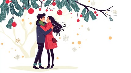 a 2D cartoon illustration of a couple embracing under mistletoe during Christmas, romantic and joyful, white background--ar 16:9