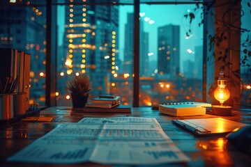 Obraz premium Subdued Corporate Office Desk with Reports and City View