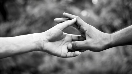 In the black and white photo, the two hold hands and express their love outdoors.