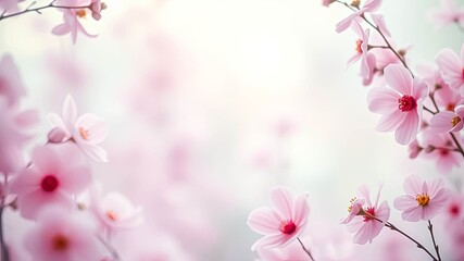 Fototapeta premium Delicate Pink Blossoms Softly Blurred Against a White Background, Creating an Airy and Romantic Atmosphere