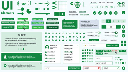 Modern UI kit featuring a collection of essential buttons, icons, and navigation elements for websites and mobile apps. Ideal for responsive design and dashboards.