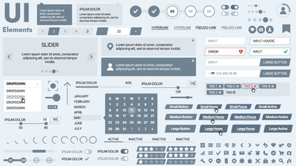 Modern UI kit featuring a collection of essential buttons, icons, and navigation elements for websites and mobile apps. Ideal for responsive design and dashboards.