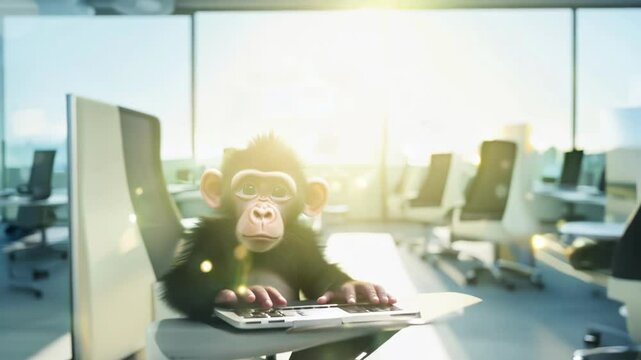Close-up of a young monkey with a curious expression, highlighting its innocence and expressive features against in a modern office. A little monkey at a laptop.