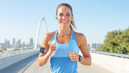 Fit woman in blue athletic wear jogging on bridge