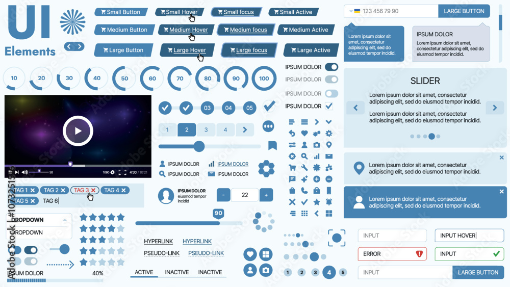 Poster modern ui kit featuring a collection of essential buttons, icons, and navigation elements for websit