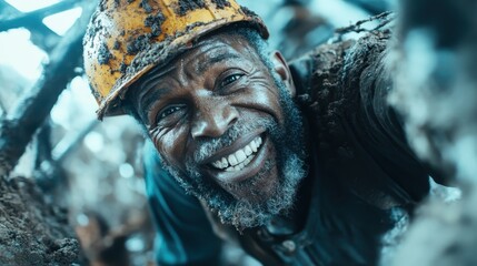 A cheerful miner with a bright smile is seen covered in dirt, wearing a yellow helmet. The image captures the essence of hard work and determination in a warm setting.
