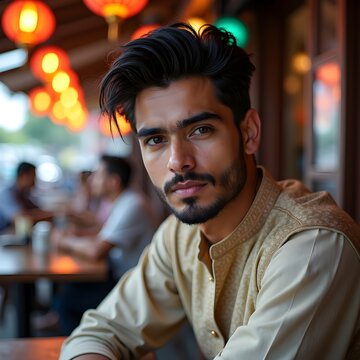 A man looking to the camera and sitting outside of restaurant. 