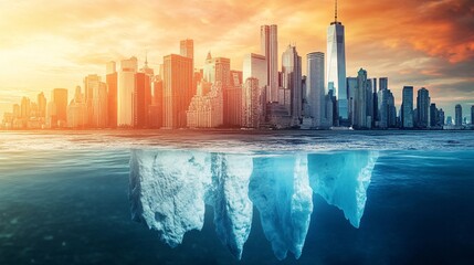 Climate change concept with cityscape divided by global warming and ice age effects.