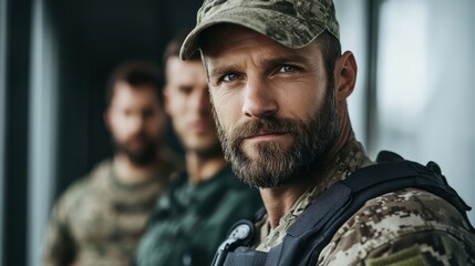 Fototapeta premium A soldier in camouflage gear and cap stands focused, with two colleagues slightly blurred behind, representing readiness, vigilance, and strength amidst duty.