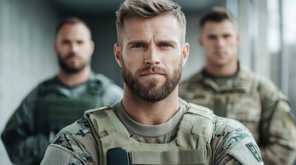 Fototapeta premium A group of three soldiers in tactical gear pose seriously, showcasing a sense of determination and camaraderie, ready for their next mission in a modern environment.