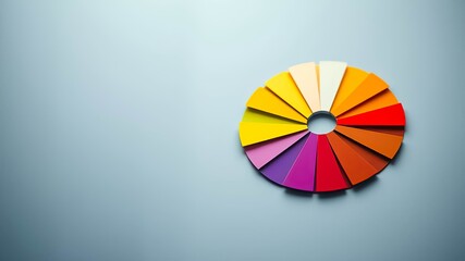 Obraz premium A vibrant color wheel of warm hues arranged in a circular pattern on a soft blue background