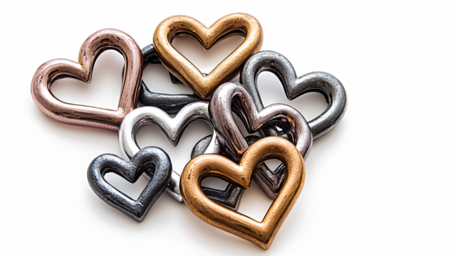 Colorful interlocking hearts of various sizes on a white background, ideal for romantic or Valentine's Day themes.