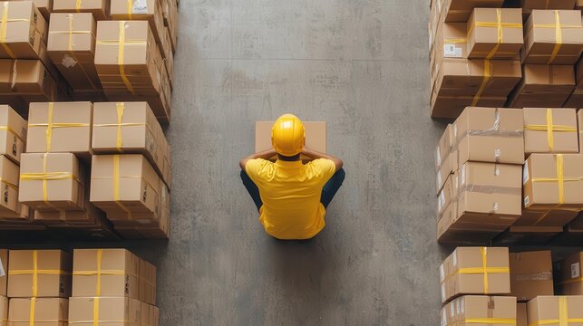 Worker labeling boxes in warehouse, systematic inventory management, efficient supply planning