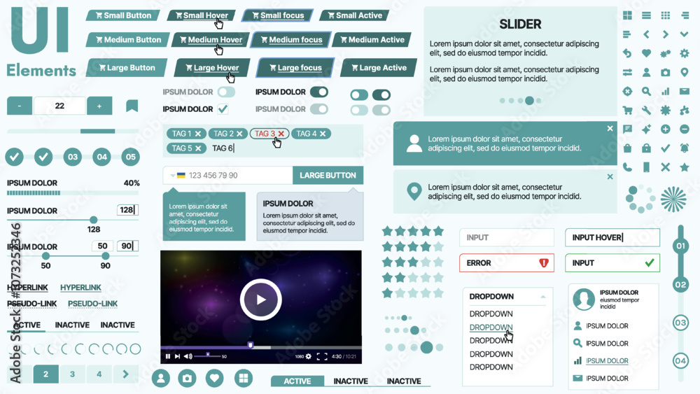 Poster modern ui kit featuring a collection of essential buttons, icons, and navigation elements for websit