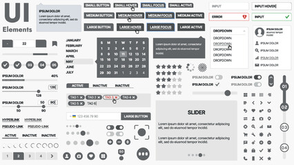 Modern UI kit featuring a collection of essential buttons, icons, and navigation elements for websites and mobile apps. Ideal for responsive design and dashboards.