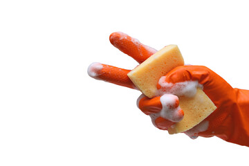 Man's hand holding washing sponge and shows like of success sign with soapy foam isolated on white background.